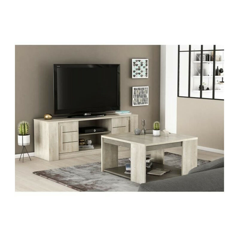 Demeyere - Ensemble meubles salon antibes : Table basse + Banc tv + Enfilade - Décor chene champagne et béton