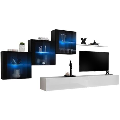 Ensemble meubles salon SWITCH XX – Blanc et noir brillant – Meuble TV et rangements suspendus design