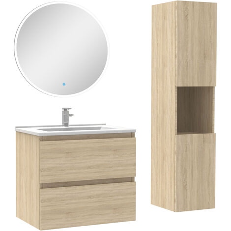 Ensemble meubles simple vasque 60cm,colonne + miroir rond lumineux Chêne Wotan