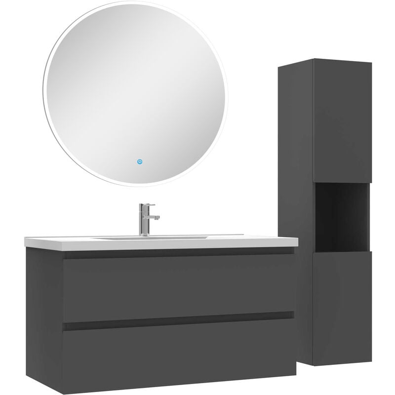 Ensemble meubles simple vasque 100cm,colonne + miroir rond lumineux Anthracite