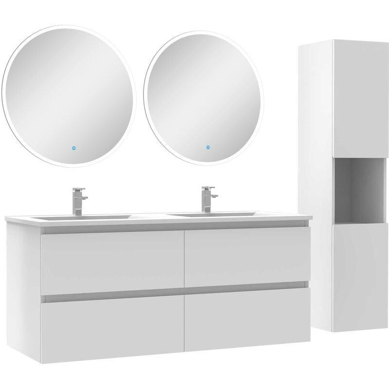 Ensemble meubles double vasque 120cm,colonne + miroir rond lumineux Blanc
