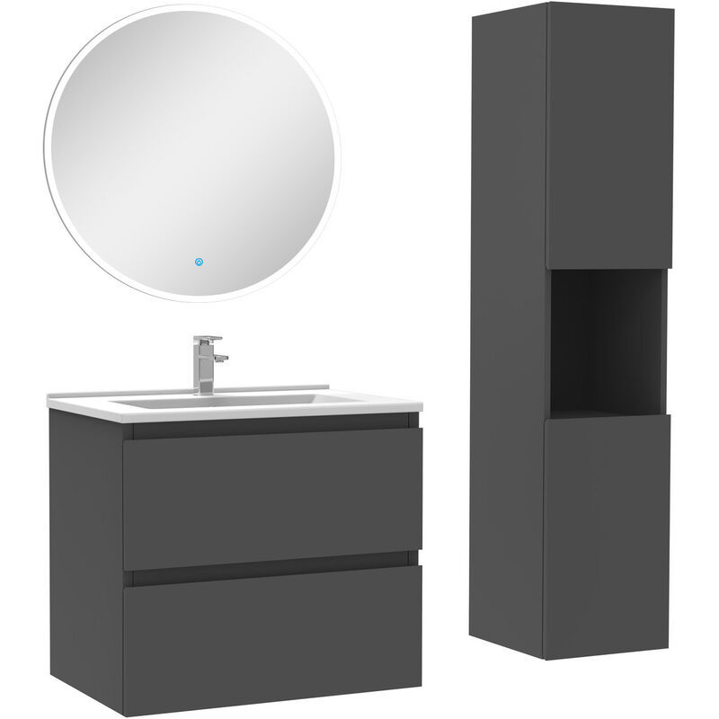 Ensemble meubles simple vasque 60cm,colonne + miroir rond lumineux Anthracite