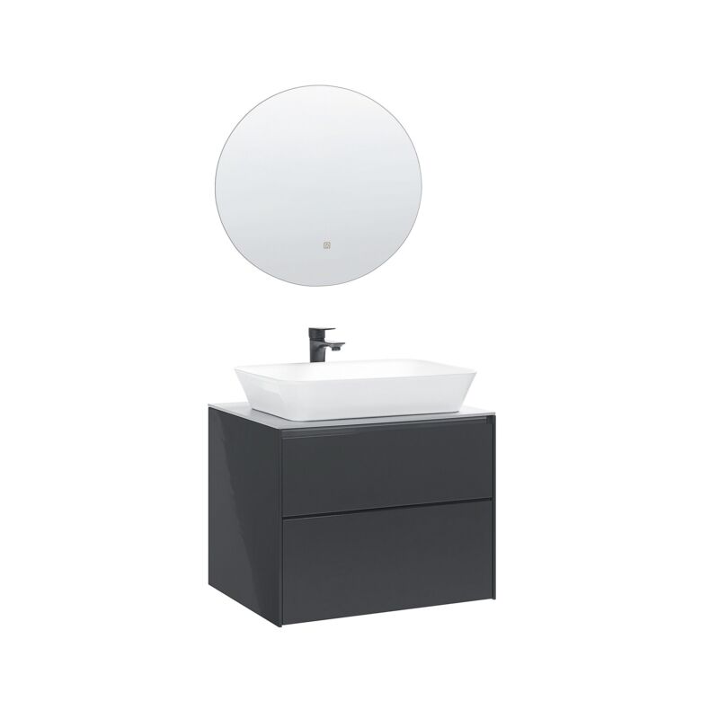 Ensemble Meubles sous Vasque 2 Tiroirs Céramique Cuvette Miroir led Gris Manzon