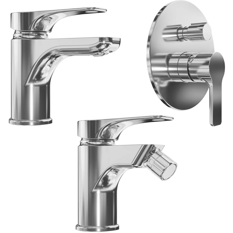 Ensemble mitigeur avec lavabo et bidet sans vidange et douche encastrée avec inverseur en laiton chromé Mod. Mia