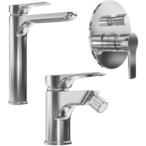 Ensemble mitigeur avec lavabo haut et bidet sans vidange et douche encastrée avec inverseur en laiton chromé Mod. Mia