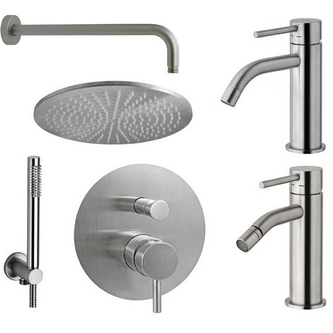 Ensemble mitigeur lavabo, bidet et kit de douche aspect acier Paffoni Light KITLIG6ST