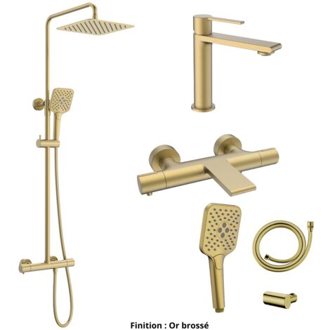 Ensemble Mitigeur lavabo + Colonne de douche + Mitigeur Bain + Support douchette flexible Couleur Or brossé