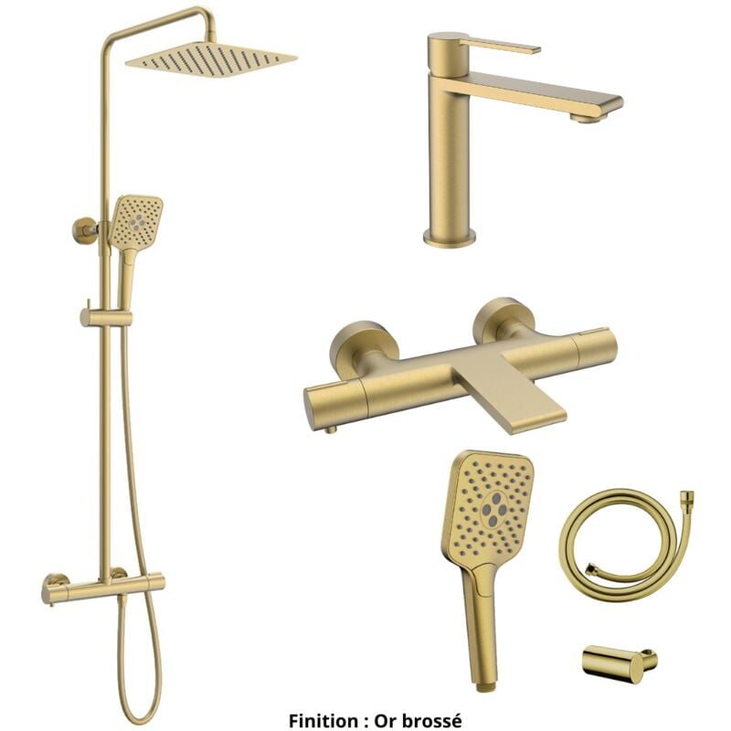 Ensemble Mitigeur lavabo + Colonne de douche + Mitigeur Bain + Support douchette flexible Couleur Or brossé