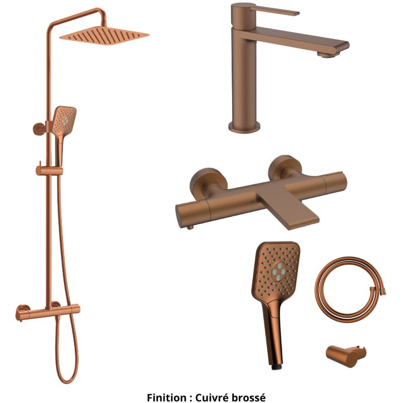 Ensemble Mitigeur lavabo + Colonne de douche + Mitigeur Bain + Support douchette flexible Couleur Cuivre brossé