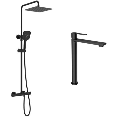 Ensemble mitigeur lavabo réhaussé + Colonne de douche Couleur Noir mat