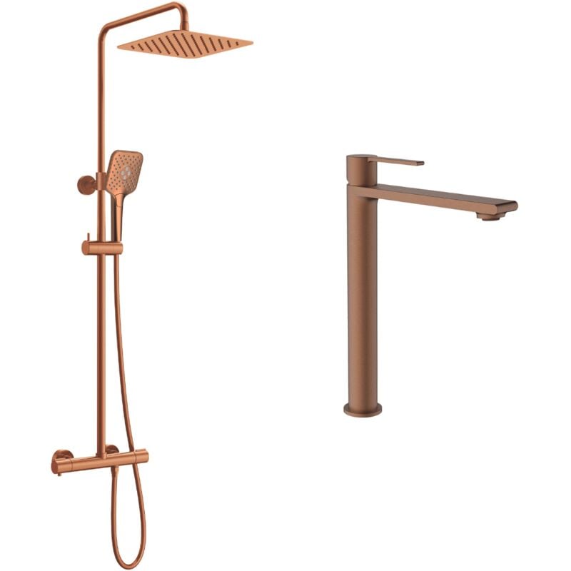Ensemble mitigeur lavabo réhaussé + Colonne de douche Couleur Cuivre brossé