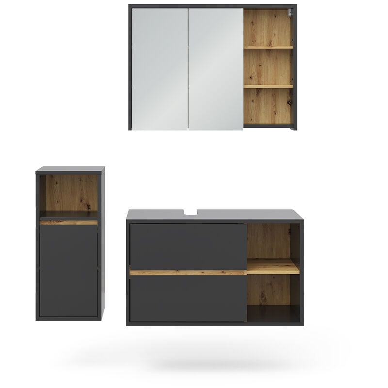 Vicco - Ensemble de meubles de salle de bain Viola, Anthracite, 3 pièces, avec armoire centrale