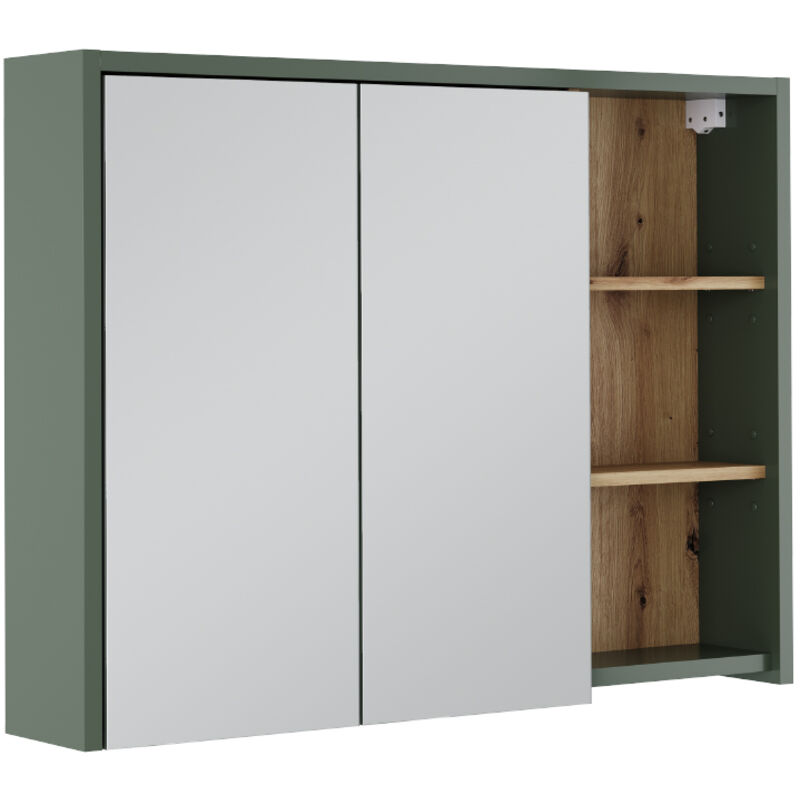 Armoire de toilette Viola, Vert/Artisan, 100x75cm avec des étagères ouvertes, Vicco