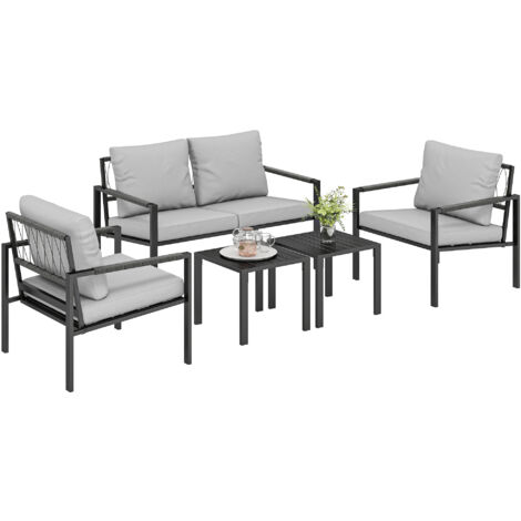 Ensemble mobilier jardin 4 places, étanche, canapé 2 places, fauteuils et table d’appoint, coussins inclus, design gris clair