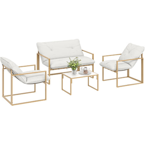Ensemble mobilier jardin 4 places kaki, canapé 2 places coussins épais 15cm, table basse assortie + 2 fauteuils confortables, salon extérieur design ultra-doux.