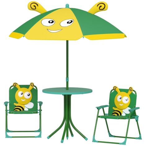 Ensemble mobilier jardin enfant table chaises parasol motif abeille vert jaune