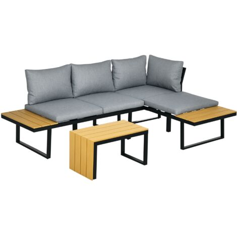 Ensemble mobilier jardin Outsunny 3 personnes balcon aluminium aspect bois coussins gris foncé naturel