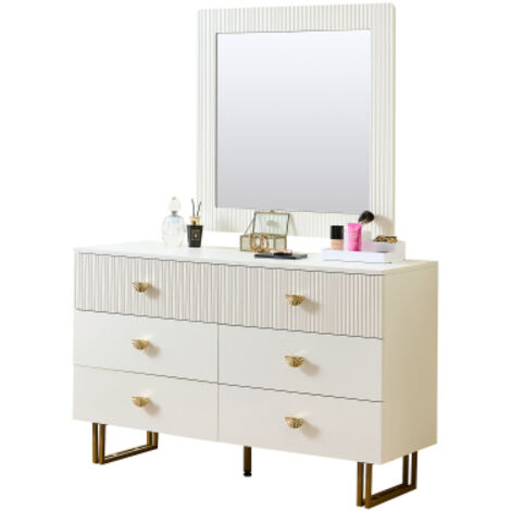 Ensemble moderne composé d'un buffet et d'un miroir blanc – Élégante combinaison d'une commode à 6 tiroirs rehaussée de touches dorées et d'un miroir mural carré de 80 x 80 cm