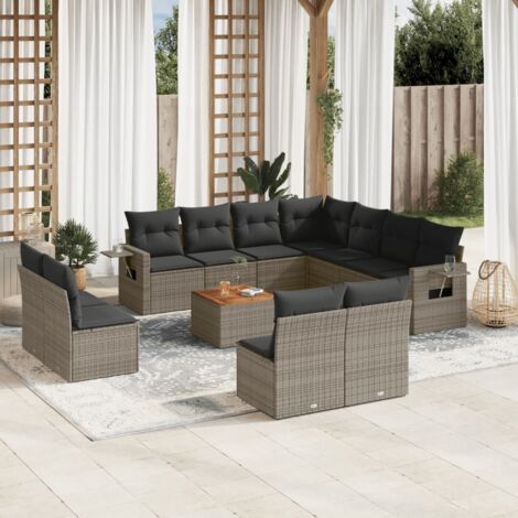 Ensemble modulable 12 places en résine tressée gris, avec coussins amovibles et table d'acacia - Modèle relax - Salon de jardin complet