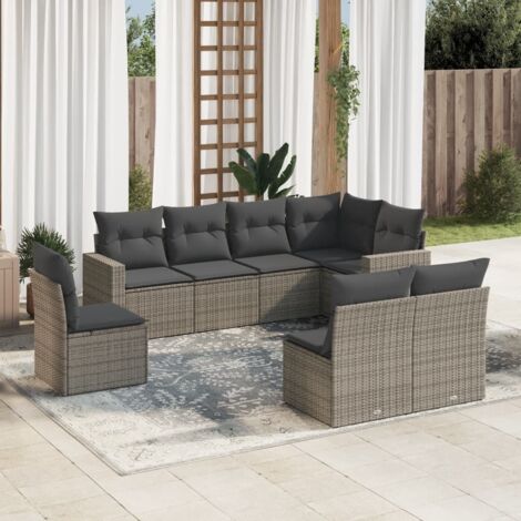 Ensemble Modulable Salon Jardin Résine Tressée 8 Pièces Coussins Gris - 5 Bancs, 2 Canapés et 1 Coffre Angle avec Rangement Intégré (Assemblage Requis, Charge 110 kg)