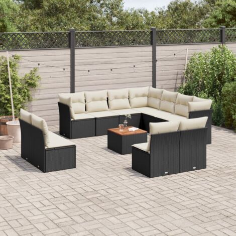 Ensemble modulaire de jardin 12 pièces en résine tressée noir avec coussins blanc-crème, table acacia