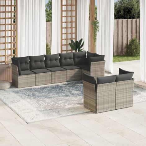 Ensemble modulaire de salon de jardin 8 places en résine tressée gris clair avec coussins lavables, canapés d'angle et centraux.