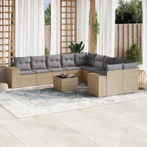 Ensemble modulaire de salon de jardin en résine tressée beige 10 places avec coussins déhoussables
