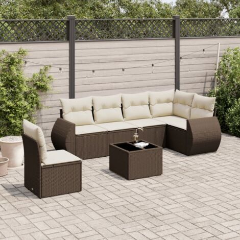Ensemble Modulaire Jardin avec 7 Coussins Marron Résine Tressée 6 Places Table Verre