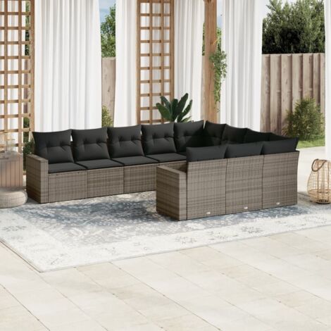 Ensemble modulaire salon de jardin gris 10 places en résine tressée avec rangement et coussins lavables 62x62x69cm
