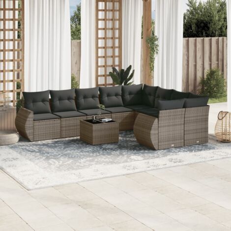 Ensemble modulaire salon jardin gris résine tressée 10 places avec table en verre, rangement et coussins lavables
