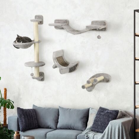 Ensemble mur d'escalade pour chat, étagère murale pour chat hamac, pont, planche à gratter et balle, jusqu'à 5 kg, gris