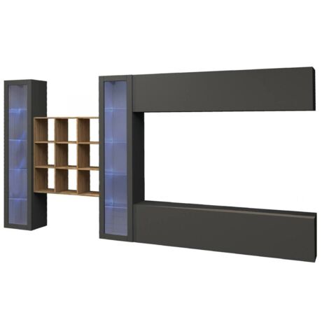Ensemble Mural Avella, Meuble Salon 20 Étagères, 23 Compartiments Fabriqué en Italie, Portes Battantes et Rabattables, 350x30x180h cm Noir Anthracite