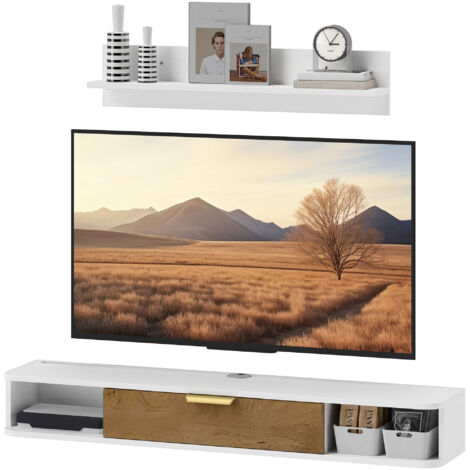 Ensemble mural TV avec étagère, meuble télé en bois blanc, passe-câbles, 120 x 24 x 16 cm