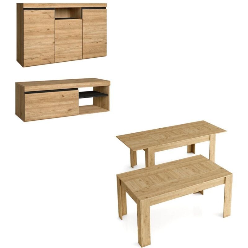 Ensemble Natural, Salon, Salle à manger, buffet-meuble tv 120cm-table extensible chêne/noir - Skraut Home
