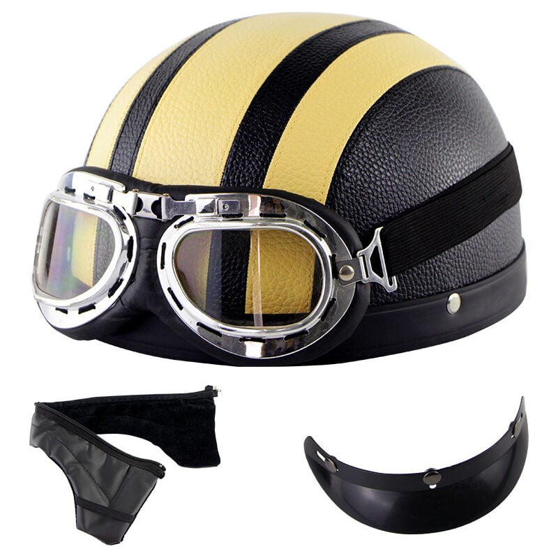 Ensemble noir et jaune Demi-casque moto vintage en cuir avec lunettes