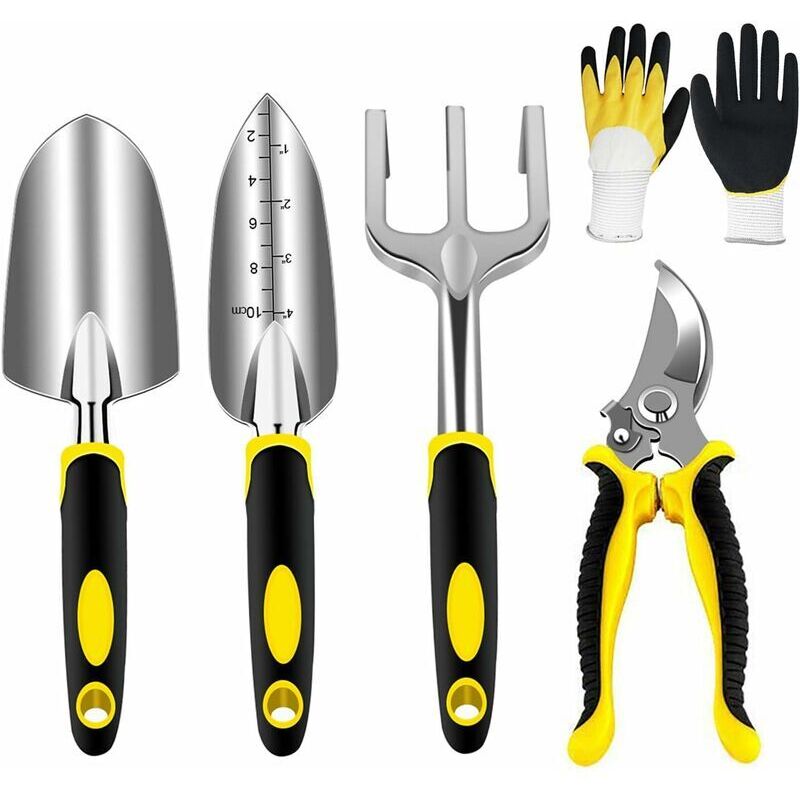 Ensemble Outils de Jardinage, Outils de Jardin en Têtes Robustes Aluminium et Poignées Ergonomiques, Kit de Jardinage avec Sécateur, Pelles Truelle,