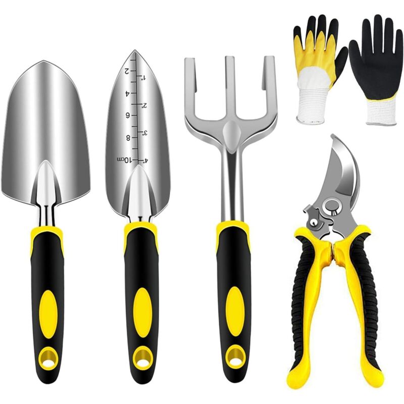 Ensemble Outils de Jardinage, Outils de Jardin en Têtes Robustes Aluminium et Poignées Ergonomiques, Kit de Jardinage avec Sécateur, Pelles Truelle,