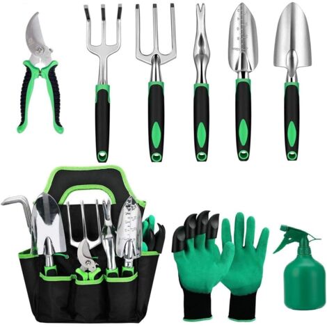 Ensemble outils jardin aluminium 10 pièces sac gants débroussailleuse