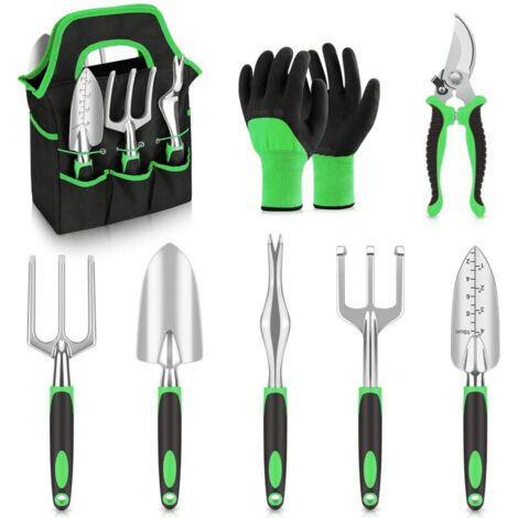Ensemble outils jardinage 8 pièces durables avec sac et gants, cadeau jardinier - Vert