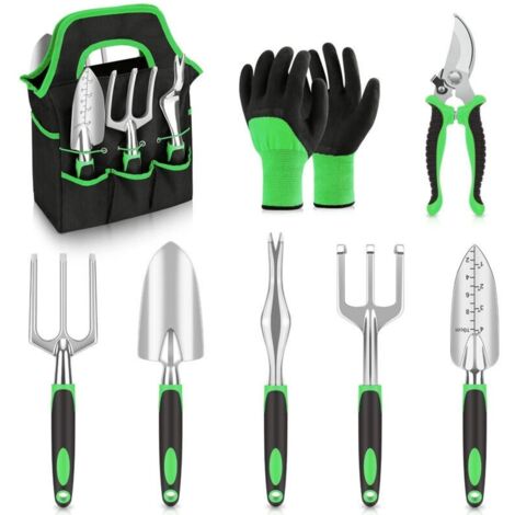 Ensemble outils jardinage 8 pièces durables avec sac et gants, cadeau jardinier - Vert