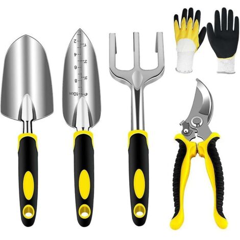 Ensemble Outils Jardinage- Ensemble Outils Manuels- Ensemble Jardinage avec Têtes Robustes Aluminium Moulé et Poignées Ergonomiques- avec Sécateur/Truelle/Transplanteuse/Râteau à Main/Gants