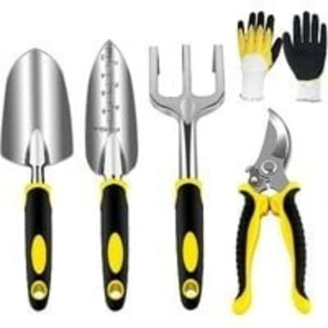 Ensemble Outils Jardinage- Ensemble Outils Manuels- Ensemble Jardinage avec Têtes Robustes Aluminium Moulé et Poignées Ergonomiques- avec Sécateur/Truelle/Transplanteuse/Râteau à Main/Gants