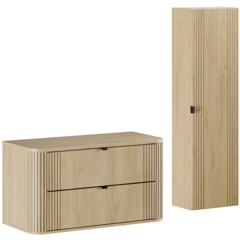 Ensemble OVALIA chêne meuble suspendu sous vasque avec plan 100 cm et colonne 40 x 140 cm