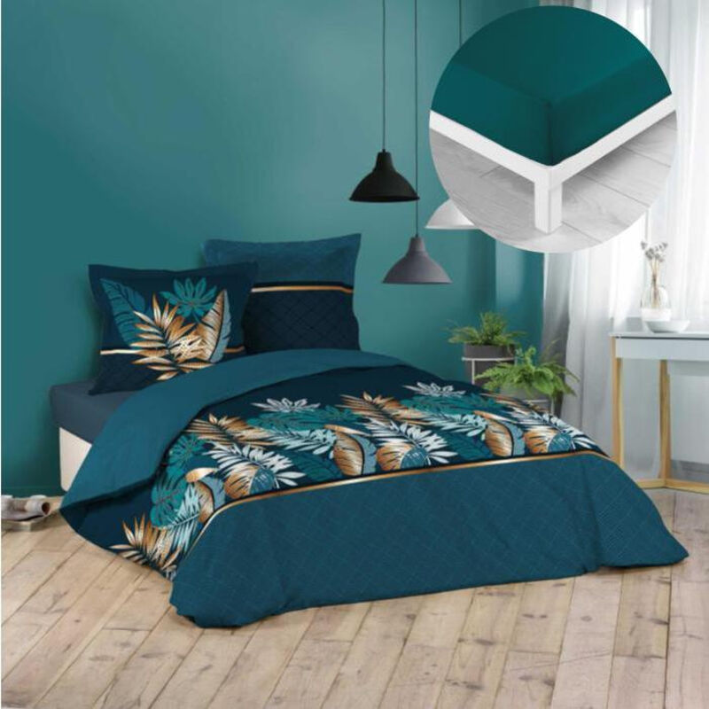 Cdaffaires - Ensemble parure de couette 260x240 cm Alianor + drap housse 160x200 Pétrole