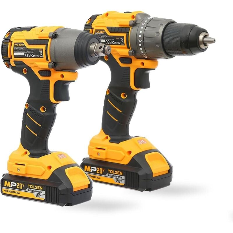 Ensemble de 2 machines Tolsen perceuse et visseuse a' percussion sans balais BRUSHLESS AVEC SAC 2 BATTERIES ET CHARGEUR