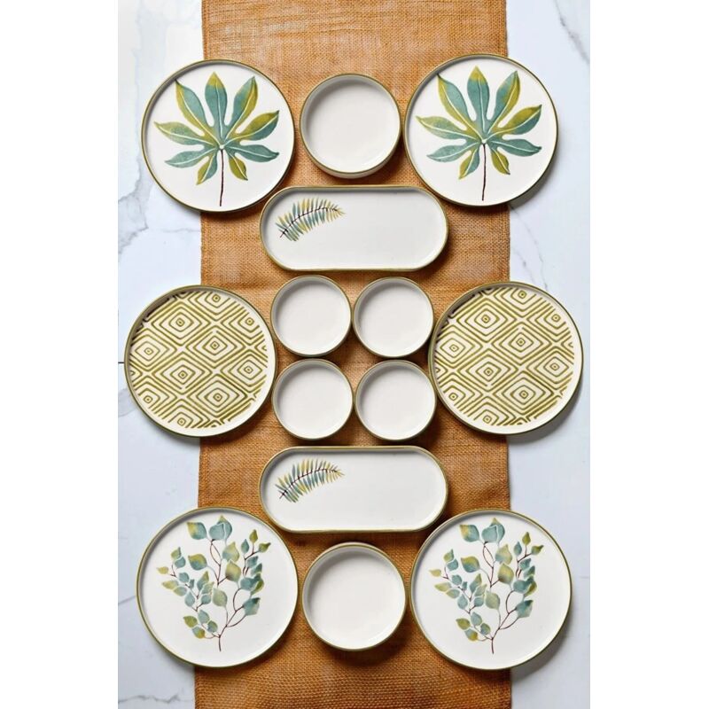 Service petit-déjeuner élégant 14 pièces, 100 % céramique Comprend 6 assiettes (19 cm), 2 plats et 6 bols (150 ml) Compatible lave-vaisselle, idéal