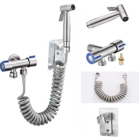 Ensemble pistolet pulvérisateur pour toilettes (pistolet pulvérisateur + tuyau 1,5 m + base sans poinçon + vanne d'angle à double commande) argent