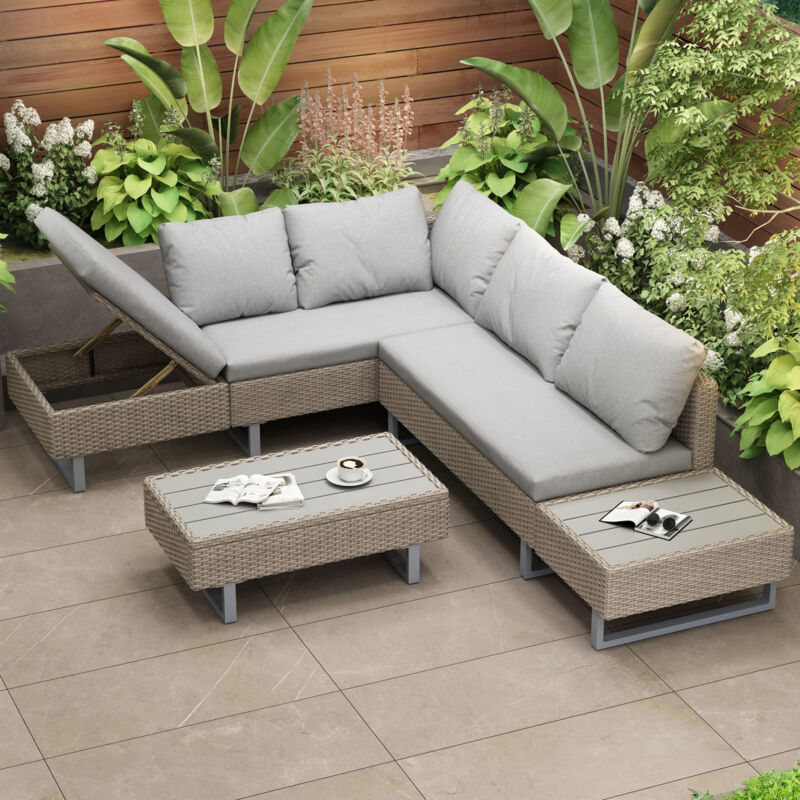 Salon de jardin 5 places, avec canapé d'angle, table, coussins et housse en tissu déhoussable et lavable, kaki