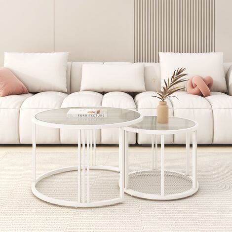 ELBS Ensemble polyvalent de 2 tables basses rondes, plateau en verre ondulé, finition blanc crème, disposition flexible