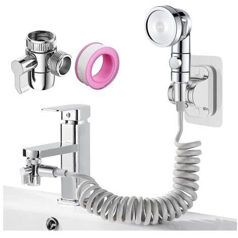 Ensemble Pommeau Douche pour Lavabo, 3 Modes Pommeau de Douchette de Salle de Bain Pomme de Douche à Main avec 3 Adaptateurs de Robinet, 1.5 Mètres argent